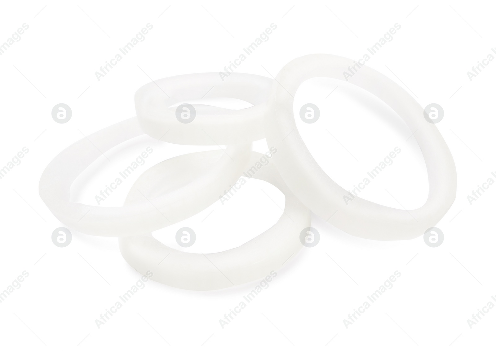 Photo of Fresh ripe onion rings on white background