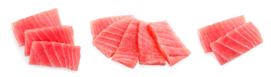 Image of Collage with fresh tuna sashimi isolated on white