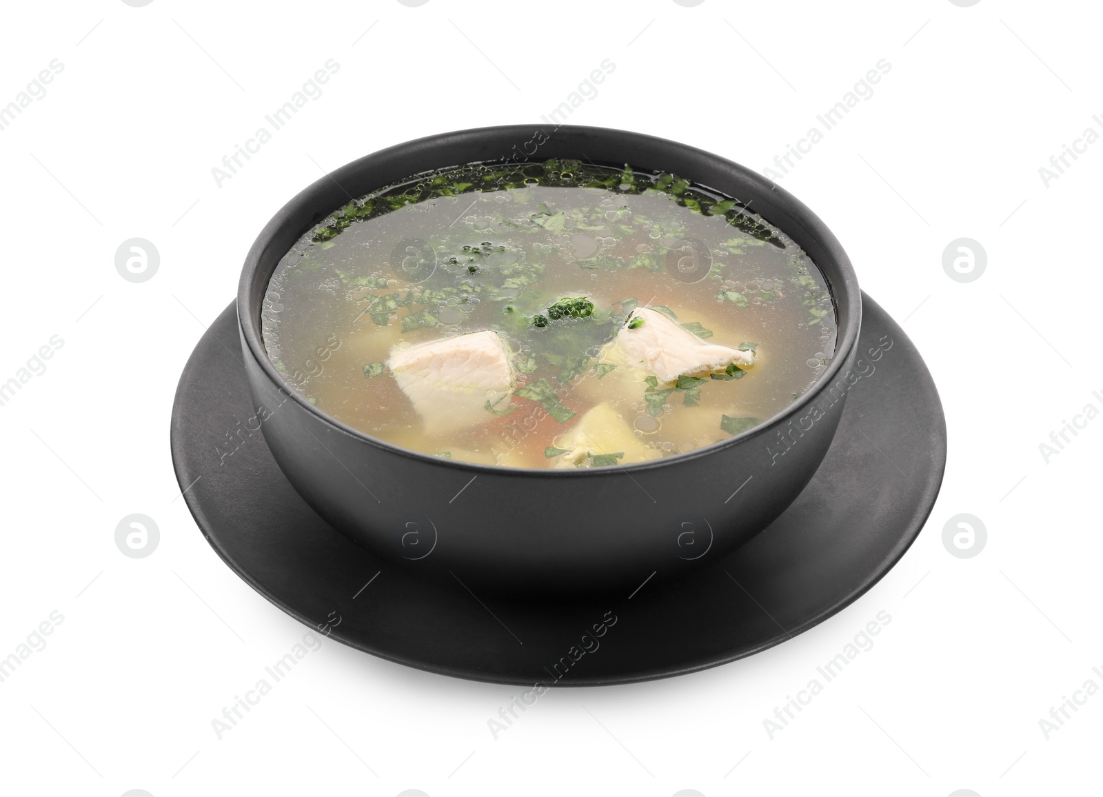 Photo of Delicious chicken soup with parsley isolated on white