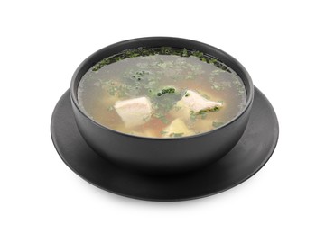 Delicious chicken soup with parsley isolated on white