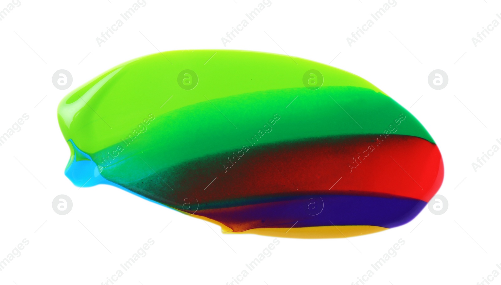 Photo of Green, light blue, red and yellow chameleon paint samples on white background, top view