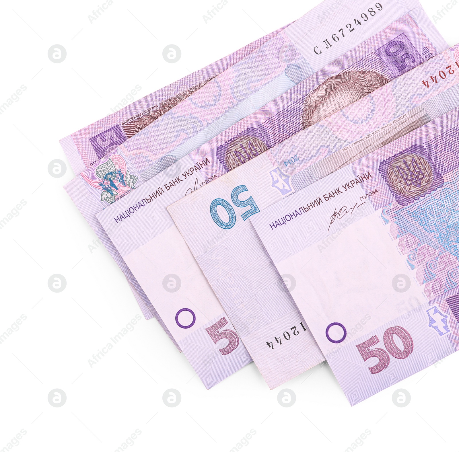 Photo of 50 Ukrainian Hryvnia banknotes on white background, top view