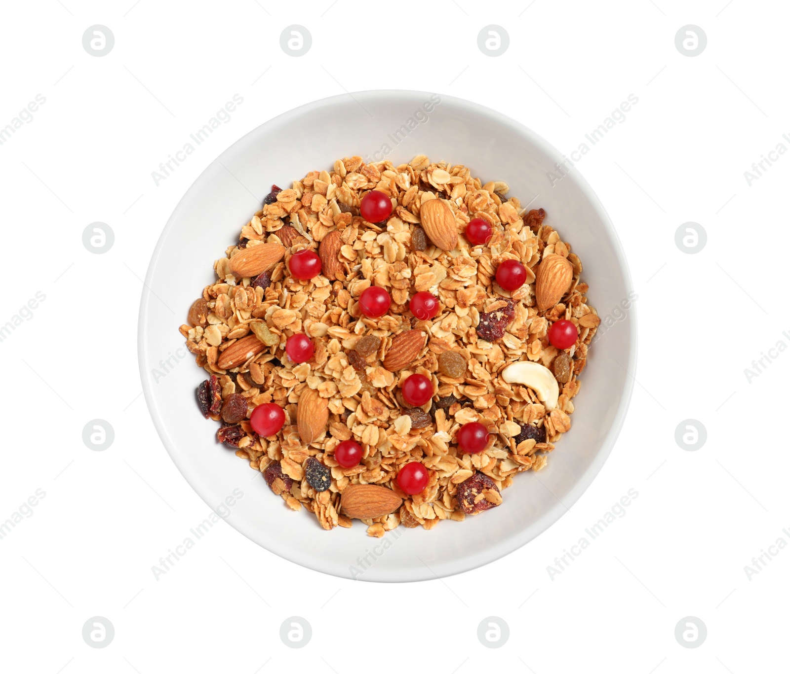 Photo of Tasty granola with cranberries isolated on white, top view. Healthy breakfast