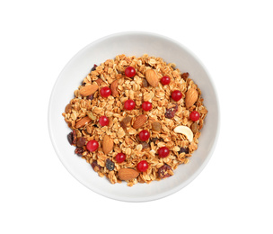 Photo of Tasty granola with cranberries isolated on white, top view. Healthy breakfast