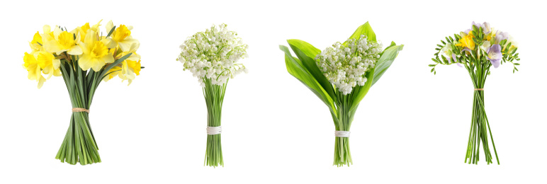 Set with beautiful flowers on white background. Banner design
