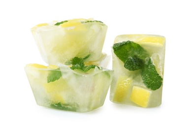 Photo of Ice cubes with mint and lemon on white background