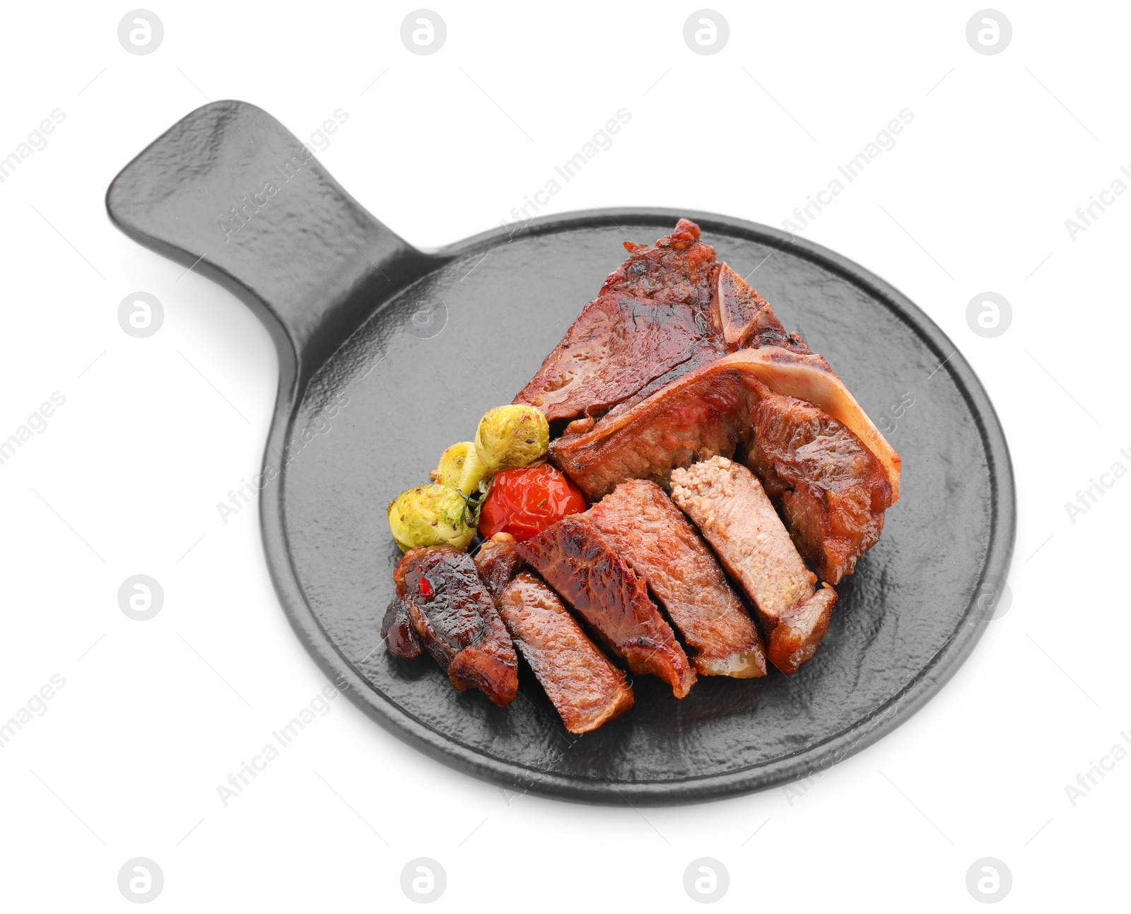 Photo of Delicious grilled beef meat and vegetables isolated on white