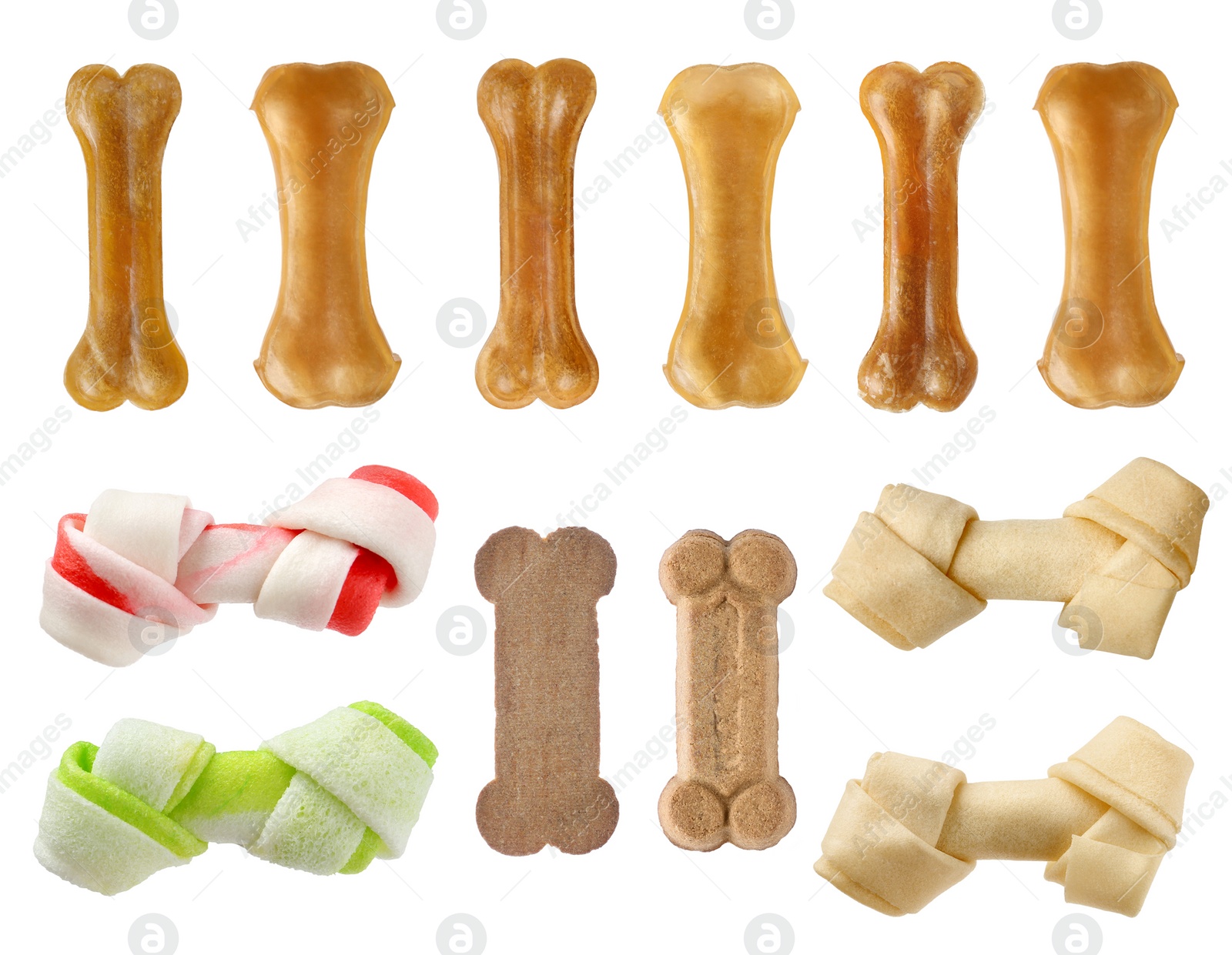 Image of Set with different bone dog treats on white background