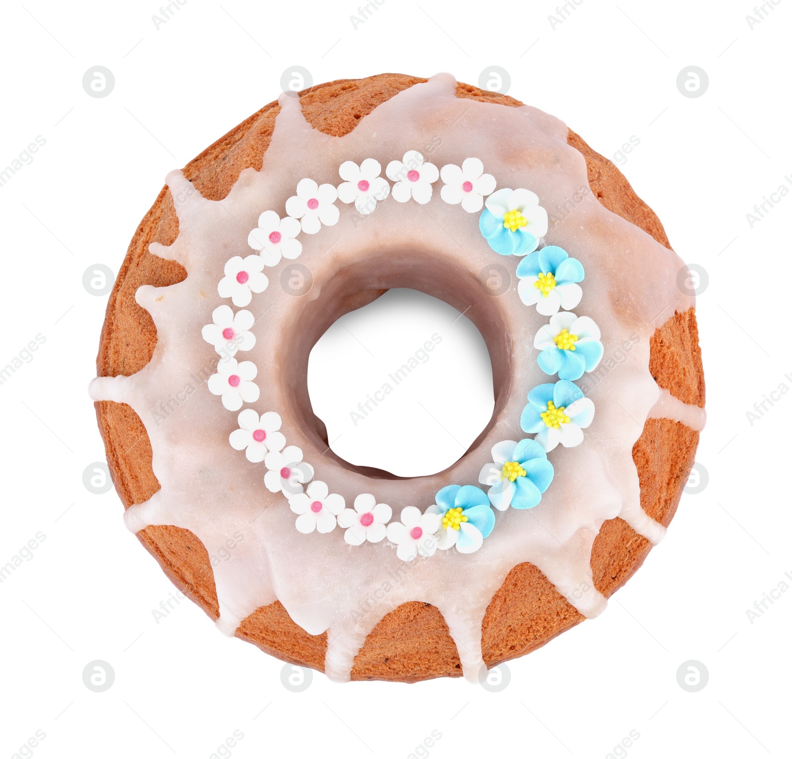 Photo of Festively decorated Easter cake on white background