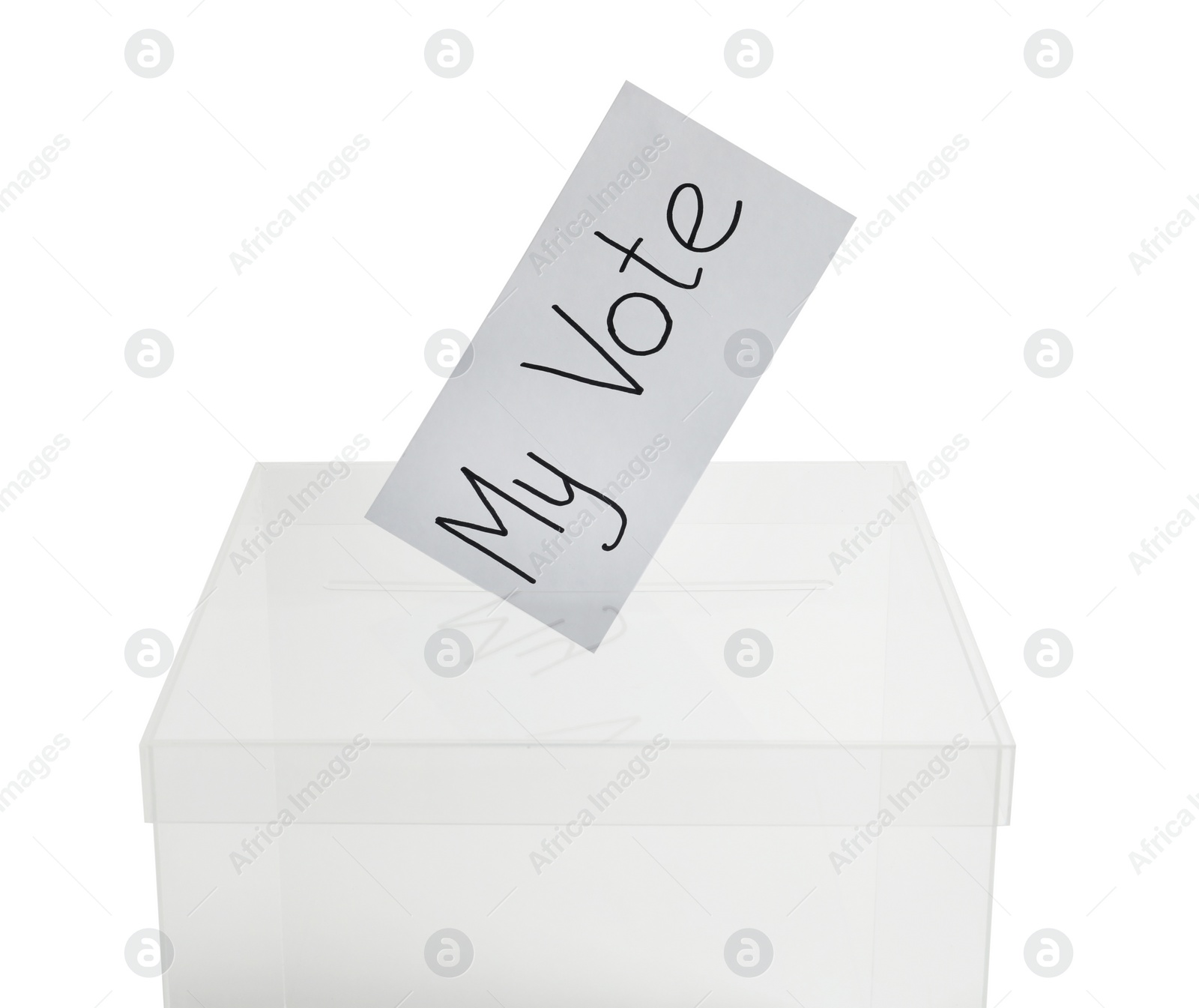 Photo of Ballot box with vote on white background. Election time