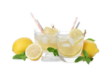 Photo of Natural lemonade, mint and fresh fruits on white background. Summer refreshing drink