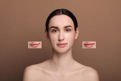 Image of Attractive woman with beautiful lips on brown background. Zoomed areas showing difference in lip fullness due to cosmetic procedure