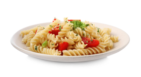 Photo of Tasty pasta with broccoli and cherry tomatoes isolated on white