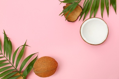 Fresh coconuts and palm leaves on pink background, flat lay. Space for text