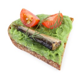 Photo of Delicious sandwich with sprat, tomato, avocado puree and dill isolated on white, above view