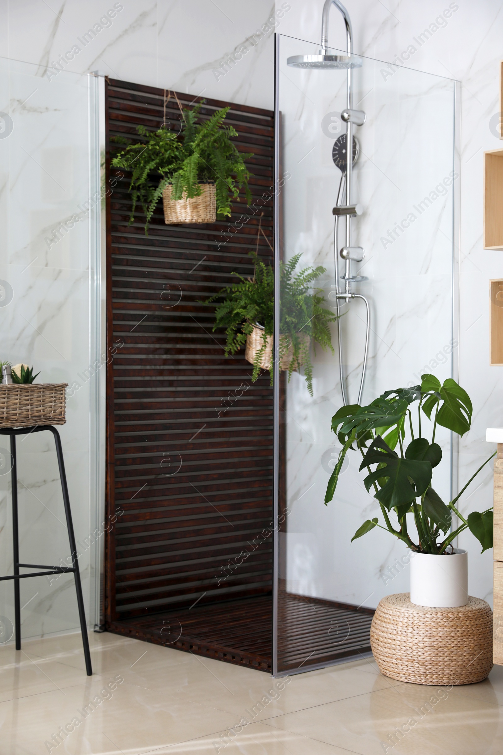 Photo of Bathroom interior with shower stall and houseplants. Idea for design