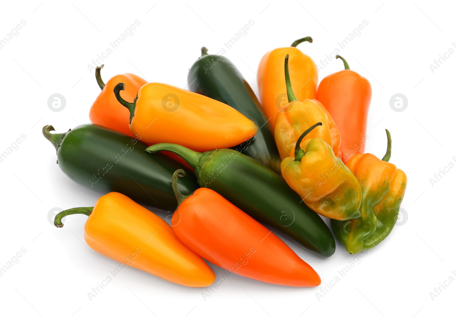 Photo of Different hot chili peppers isolated on white, top view