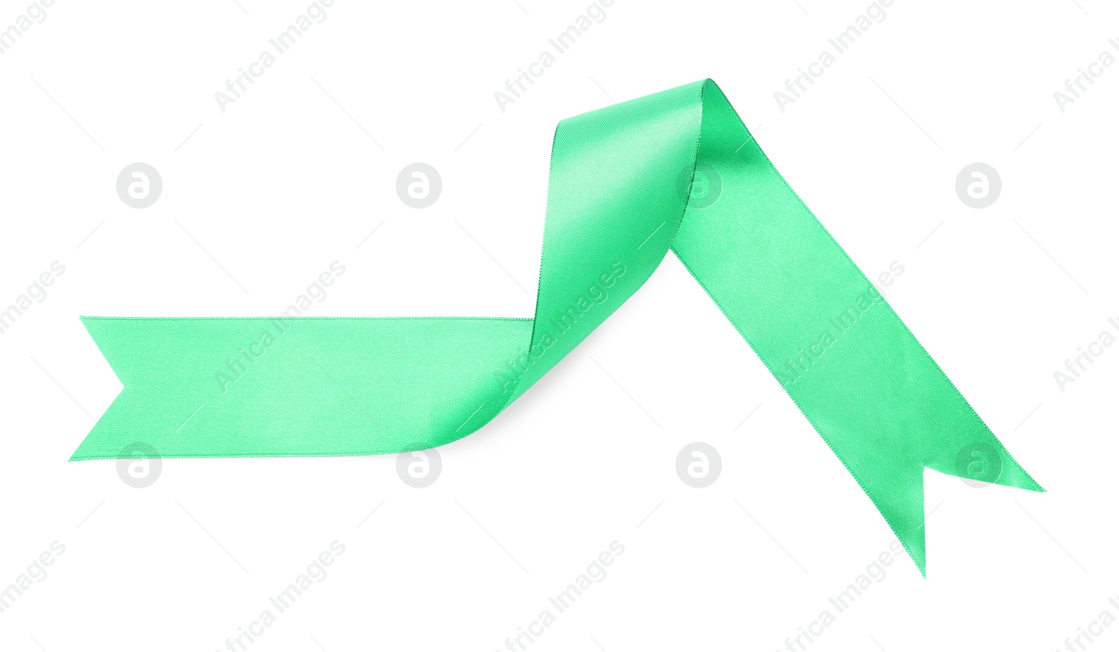 Photo of Beautiful green ribbon isolated on white, top view