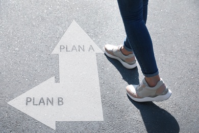 Choosing between Plan A and Plan B. Woman near pointers on road, closeup view