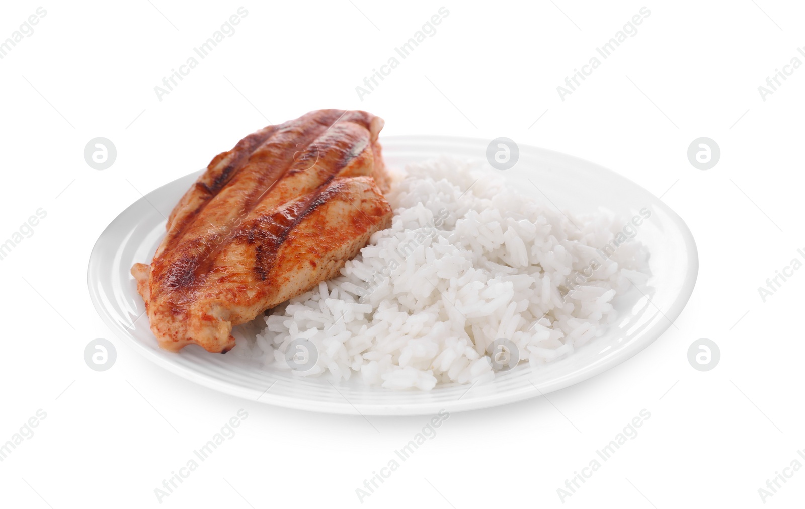 Photo of Plate with grilled chicken breast and rice isolated on white