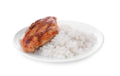 Plate with grilled chicken breast and rice isolated on white