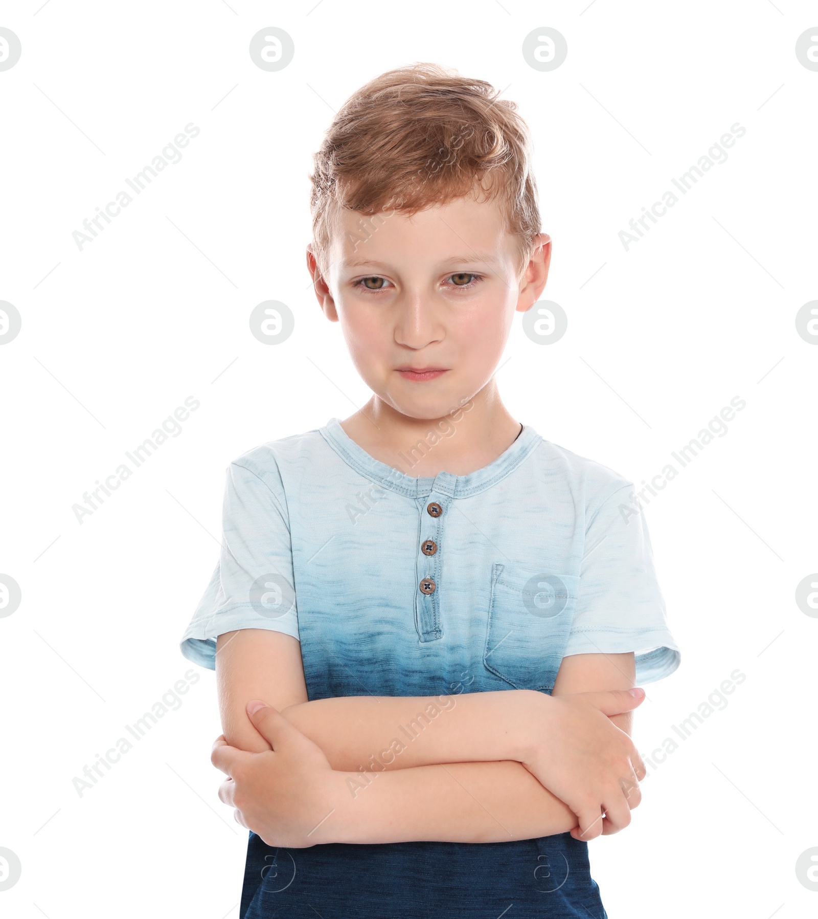 Photo of Cute little boy in casual outfit on white background