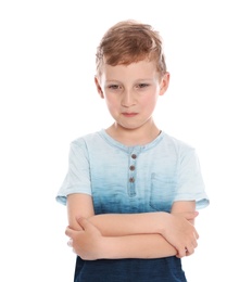 Photo of Cute little boy in casual outfit on white background