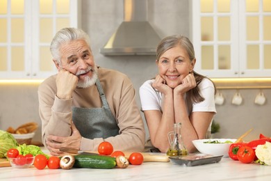 Happy senior couple at table in kitchen