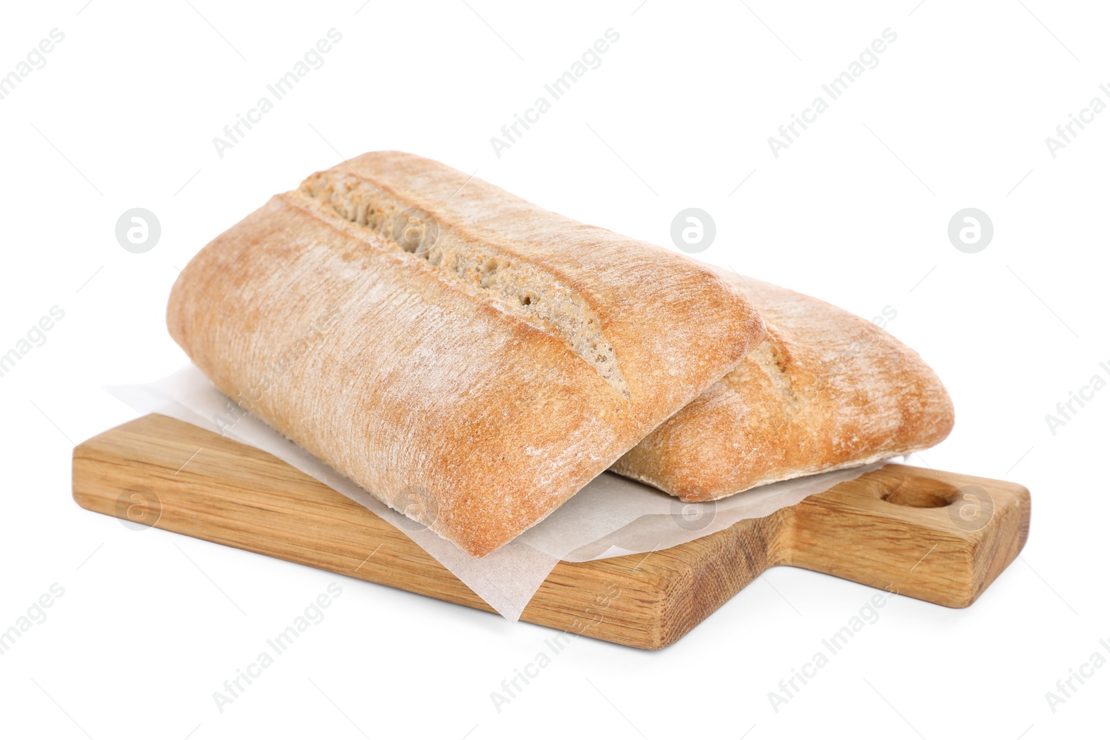 Photo of Crispy ciabattas isolated on white. Fresh bread