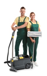 Photo of Janitors with cleaning equipment on white background