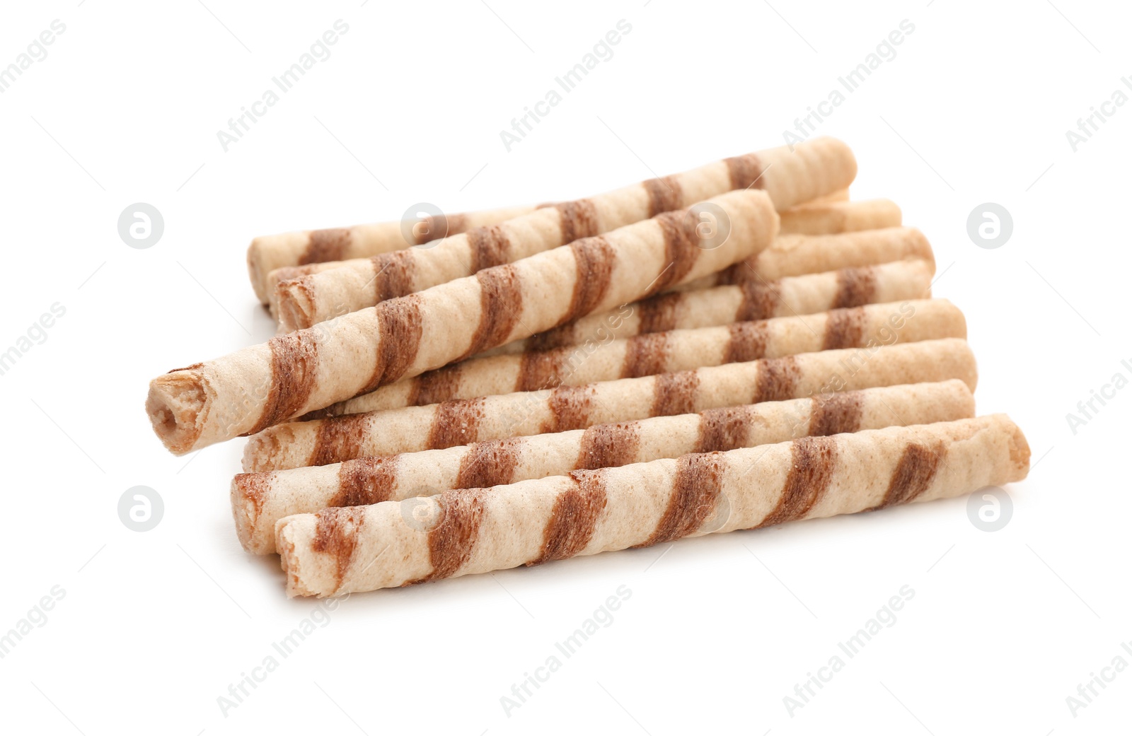 Photo of Tasty wafer roll sticks on white background. Crispy food