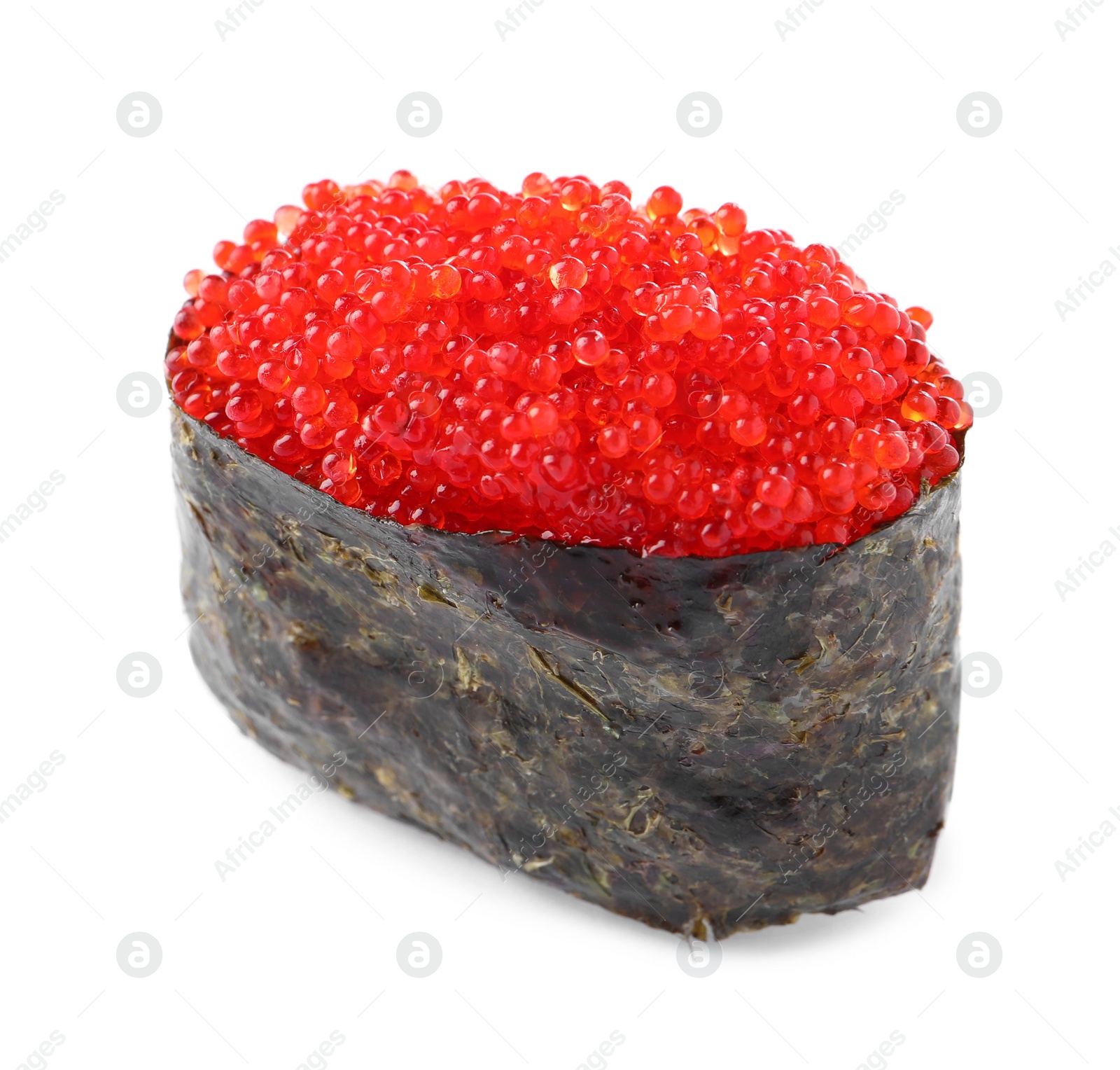 Photo of Delicious sushi with red caviar isolated on white