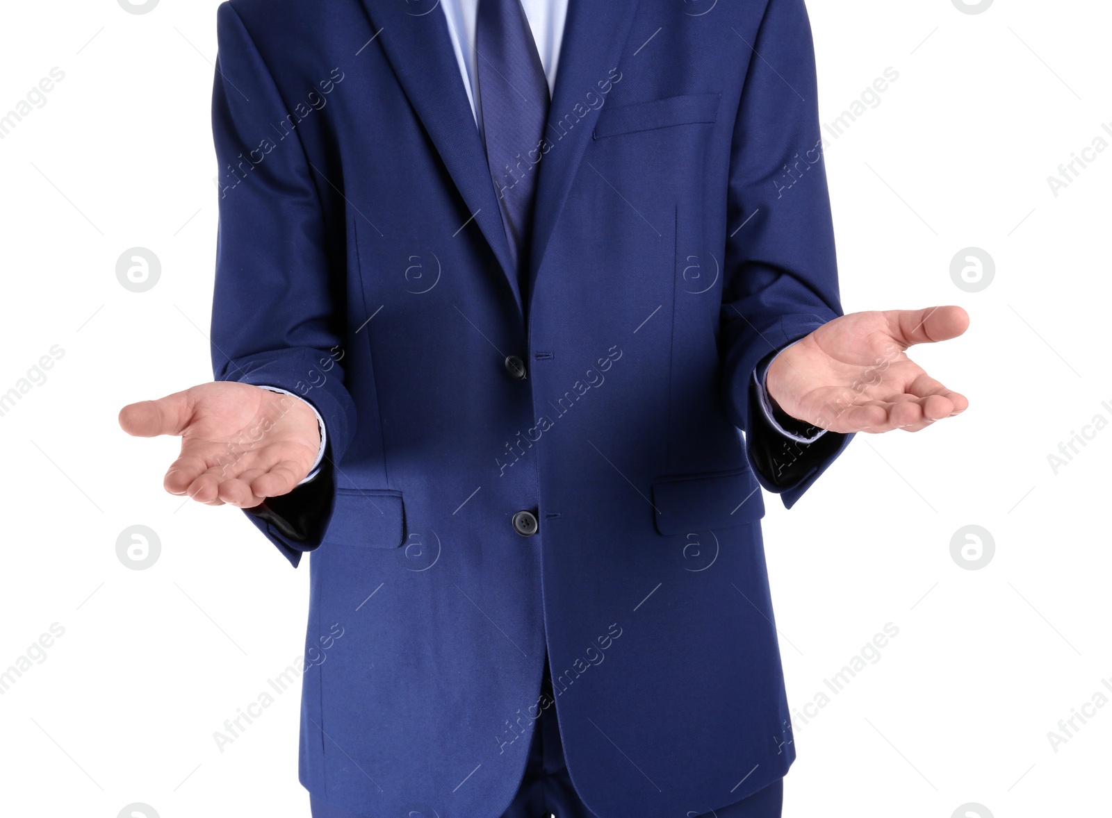 Photo of Businessman showing balance gesture on white background