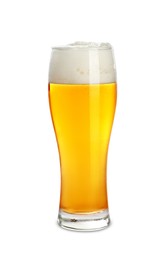 Photo of Glass of tasty light beer on white background