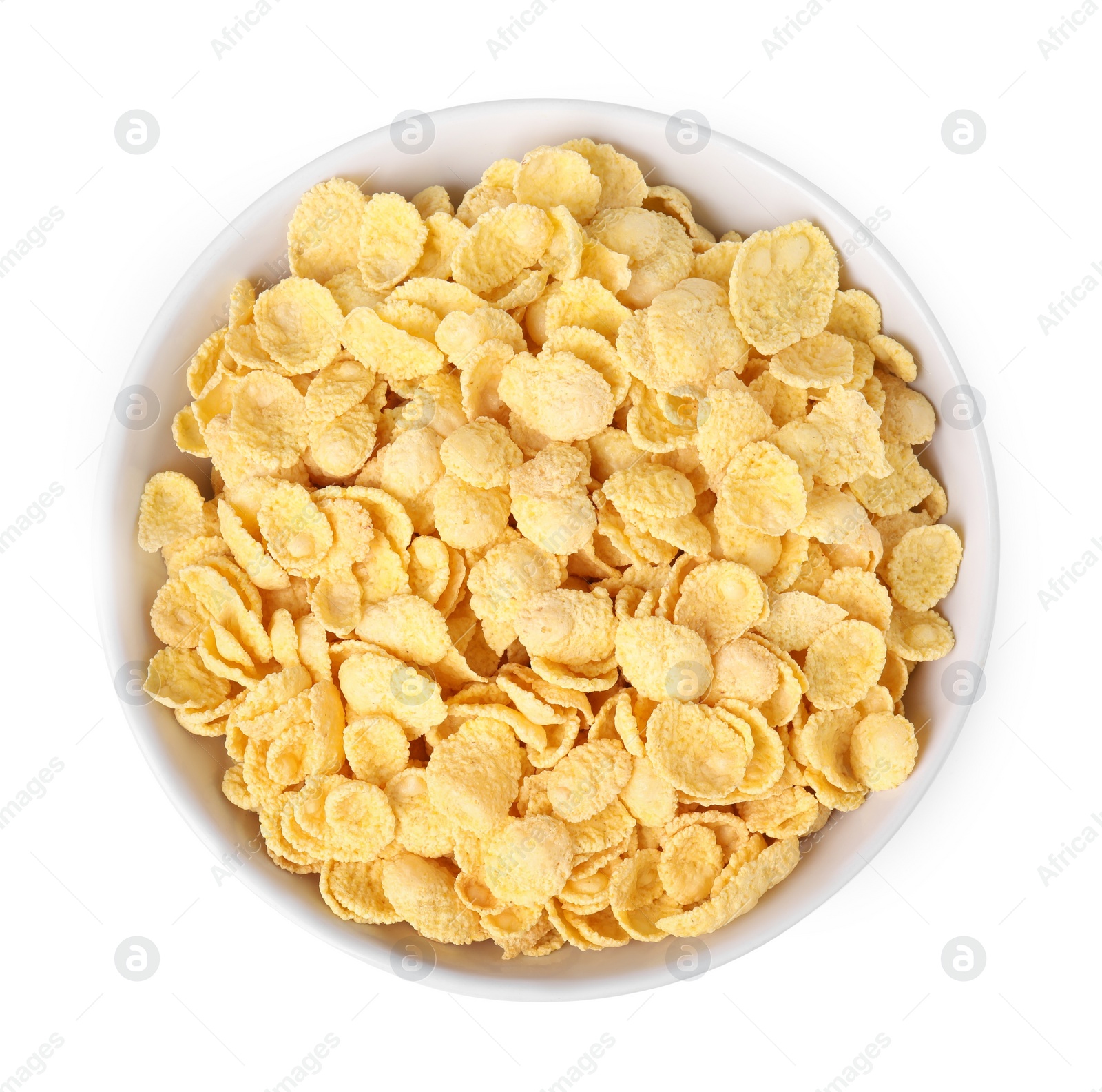 Photo of Breakfast cereal. Tasty corn flakes in bowl isolated on white, top view