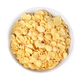 Photo of Breakfast cereal. Tasty corn flakes in bowl isolated on white, top view