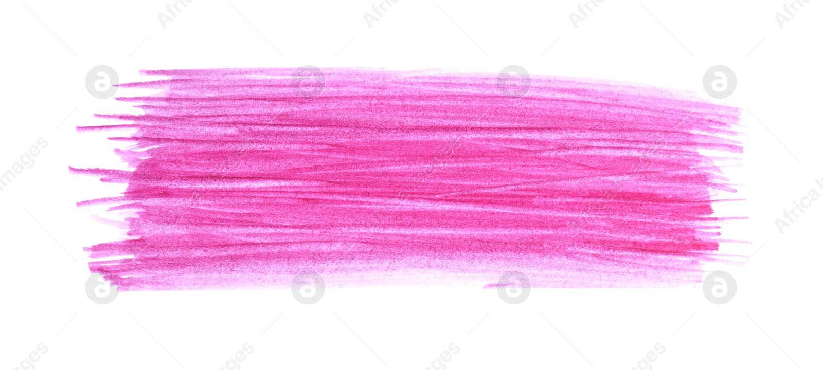 Photo of Pink paint stroke drawn with brush on white background, top view