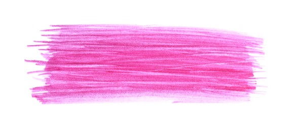 Pink paint stroke drawn with brush on white background, top view