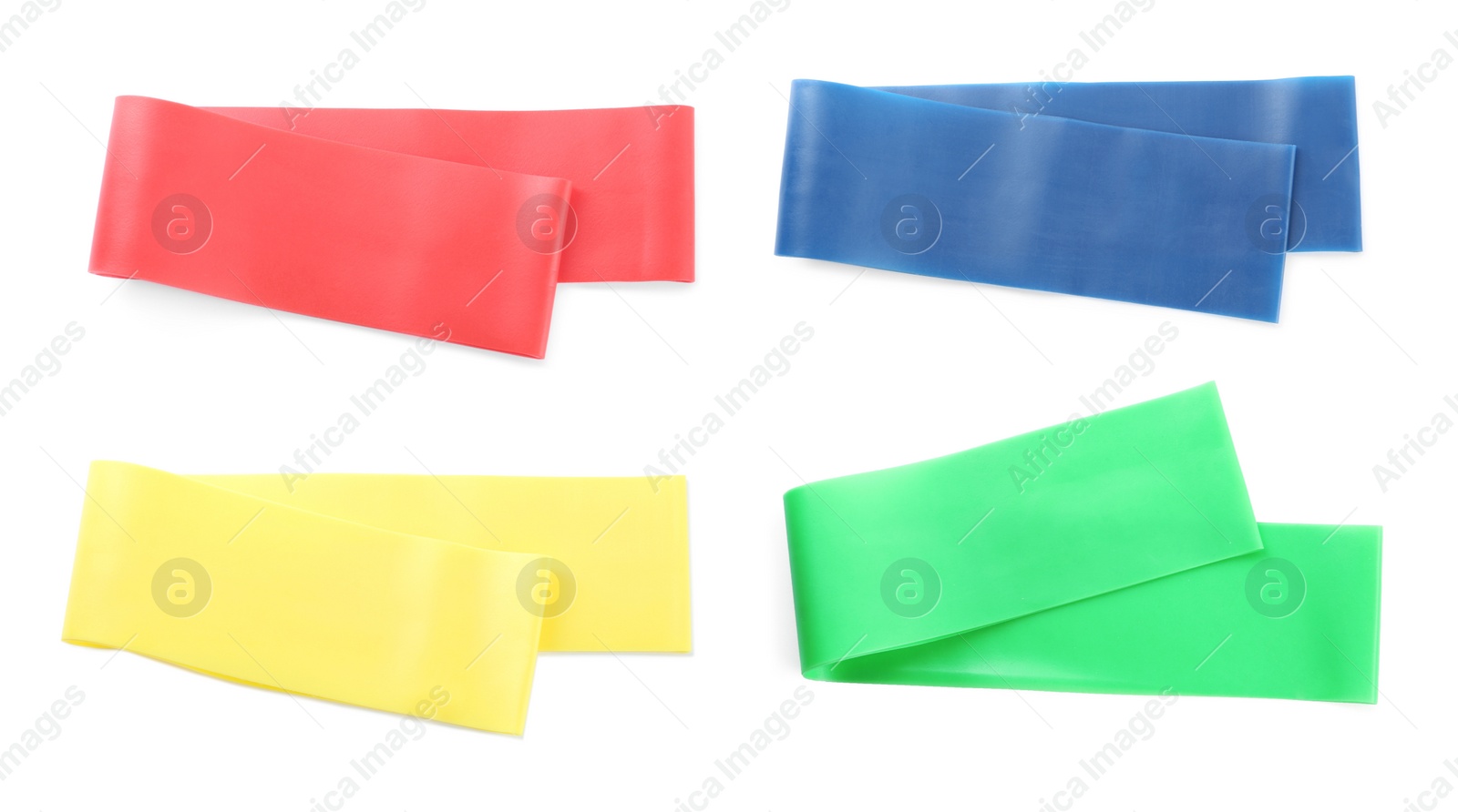 Image of Set of different fitness elastic bands on white background, top view. Banner design