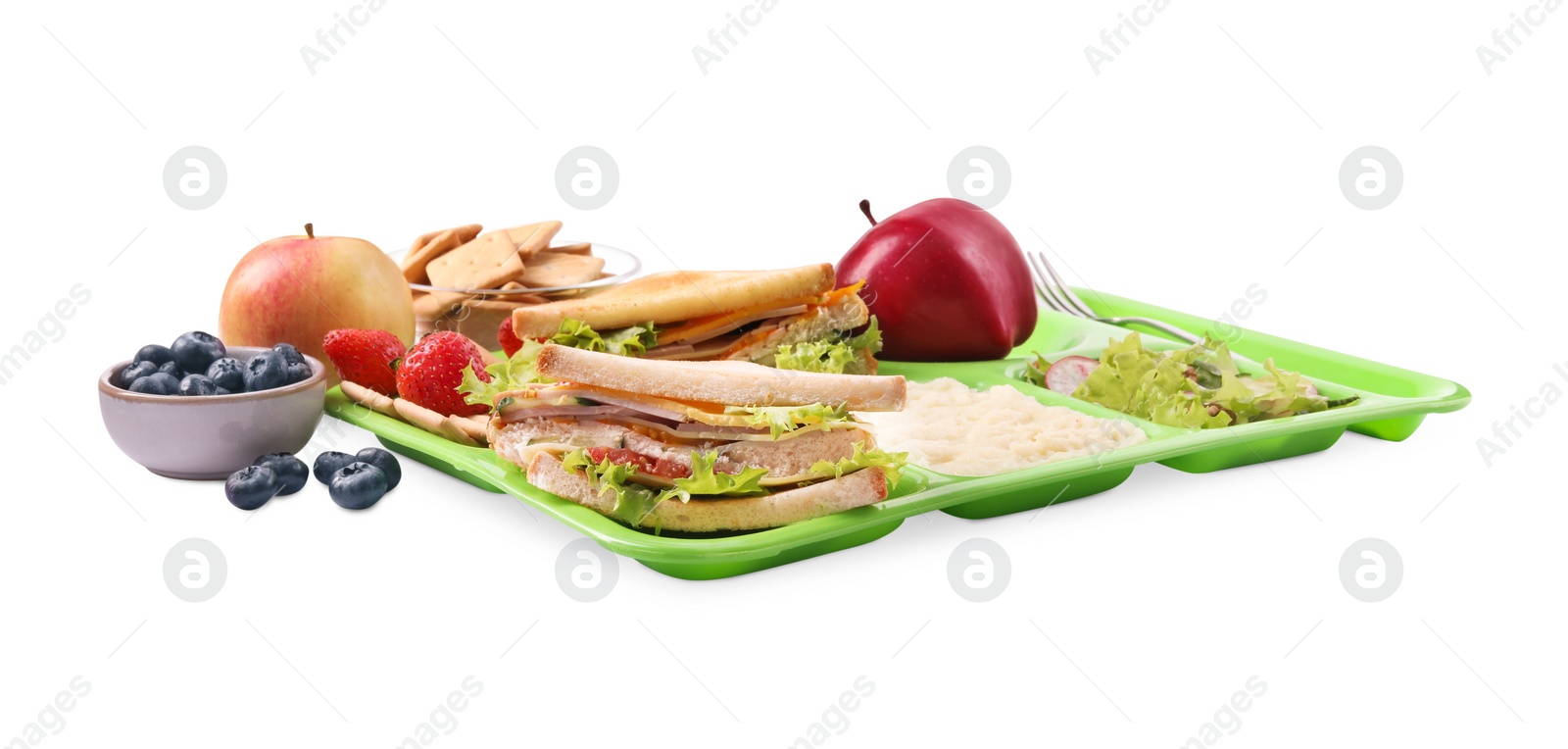 Photo of Serving tray of healthy food isolated on white. School lunch