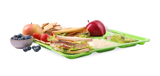 Photo of Serving tray of healthy food isolated on white. School lunch