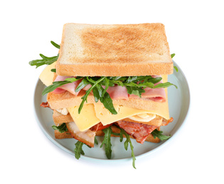 Tasty sandwich with chicken, ham and bacon isolated on white