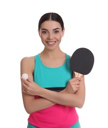 Photo of Beautiful young woman with table tennis racket and ball on white background. Ping pong player