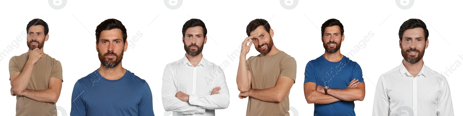 Image of Collage with photos of handsome man bearded man on white background. Banner design