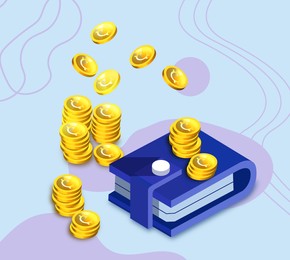 Illustration of Wallet and many cryptocurrency coins on color background, illustration