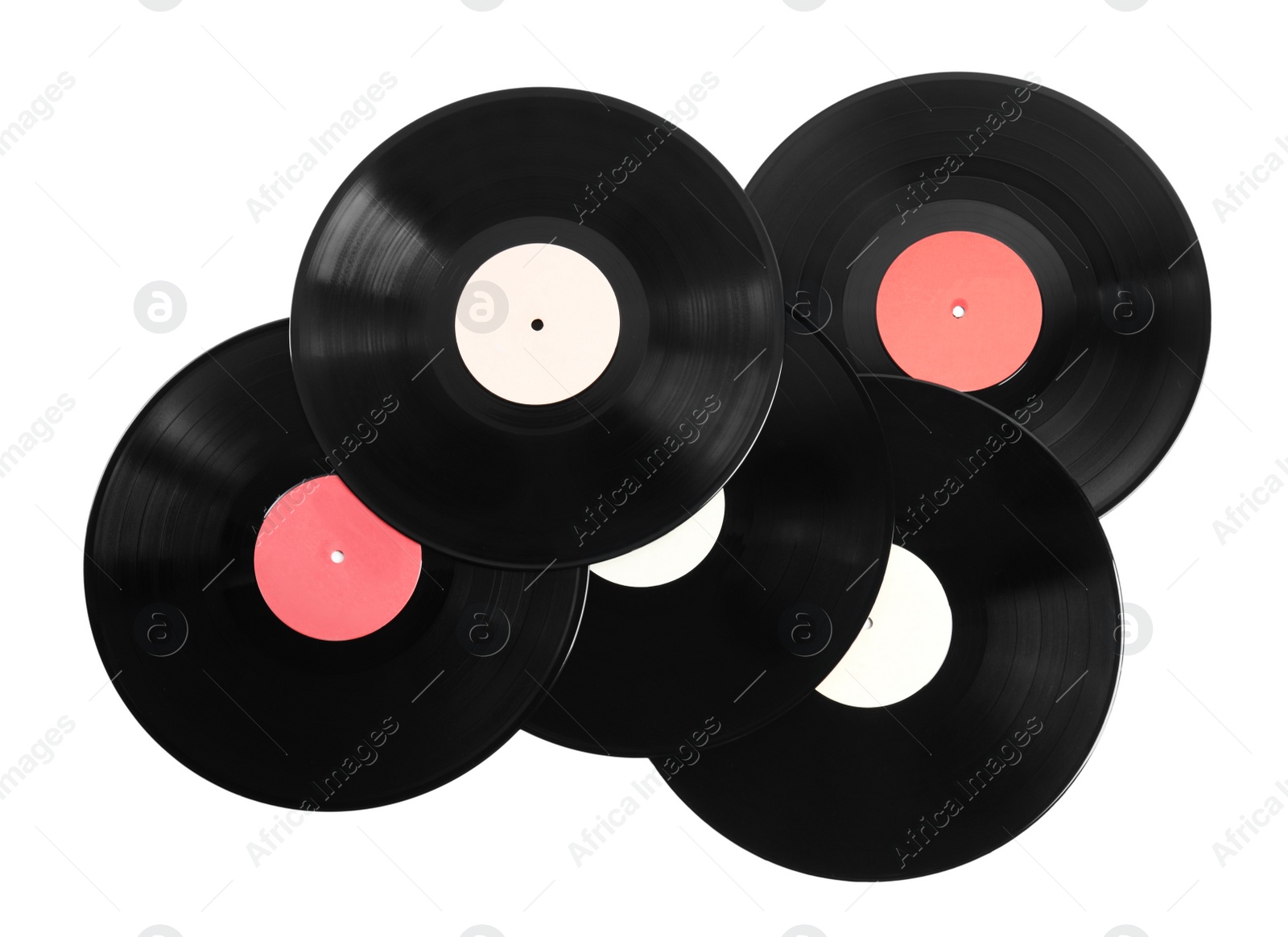 Photo of Vintage vinyl records on white background, top view