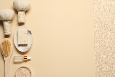 Photo of Bath accessories. Flat lay composition with personal care products on beige background, space for text