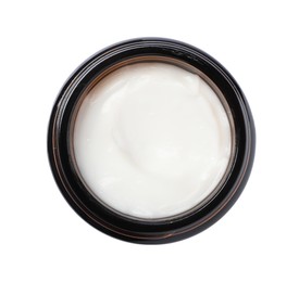 Photo of Jar of face cream isolated on white, top view