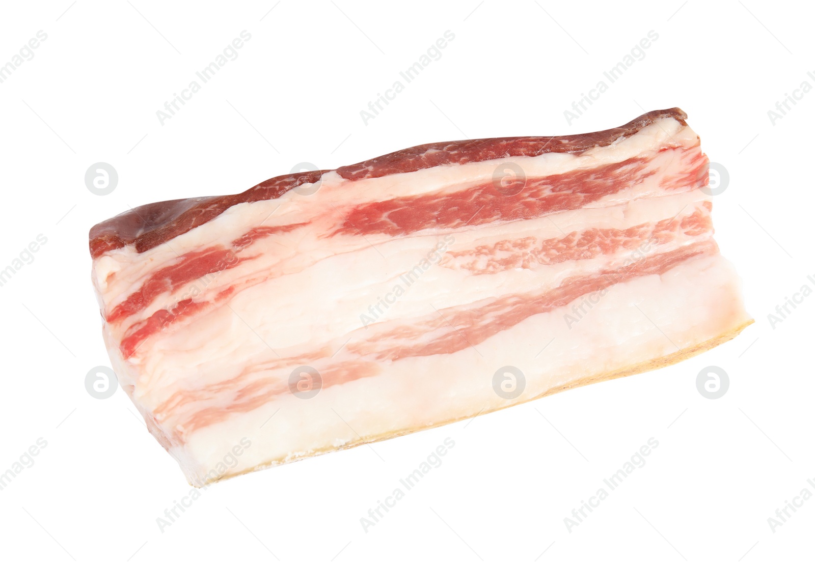 Photo of Piece of bacon isolated on white, top view