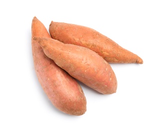 Photo of Whole ripe sweet potatoes on white background, top view